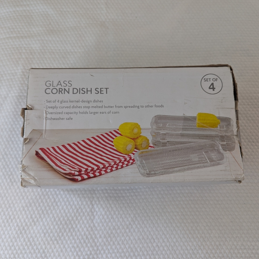 New 4 Vintage Clear Glass CORN ON THE COB Individual Serving Dish HOLDERS .